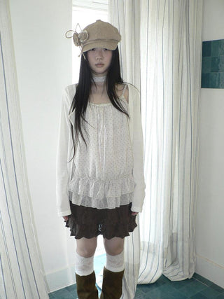 Two Piece Polka Dot Korean Long Sleeve Pullover Women Apricot Mint T-Shirt
