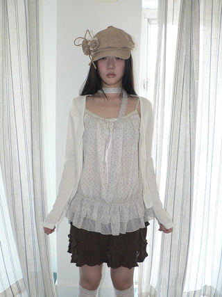 Two Piece Polka Dot Korean Long Sleeve Pullover Women Apricot Mint T-Shirt