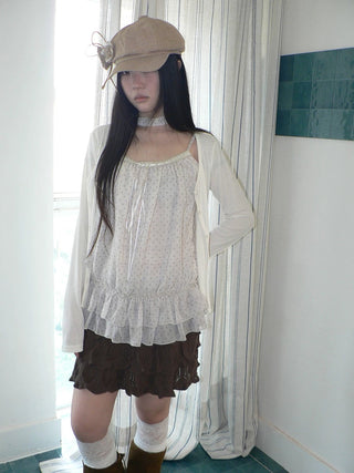 Two Piece Polka Dot Korean Long Sleeve Pullover Women Apricot Mint T-Shirt