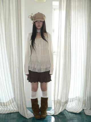 Two Piece Polka Dot Korean Long Sleeve Pullover Women Apricot Mint T-Shirt