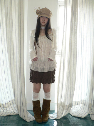 Two Piece Polka Dot Korean Long Sleeve Pullover Women Apricot Mint T-Shirt
