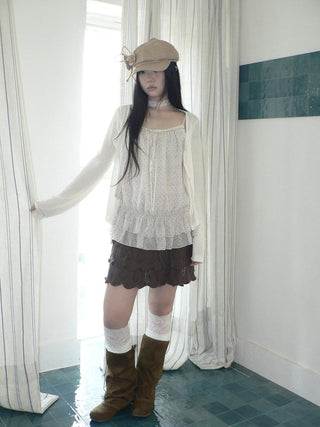 Two Piece Polka Dot Korean Long Sleeve Pullover Women Apricot Mint T-Shirt
