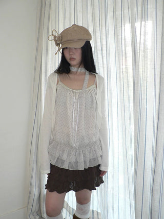 Two Piece Polka Dot Korean Long Sleeve Pullover Women Apricot Mint T-Shirt