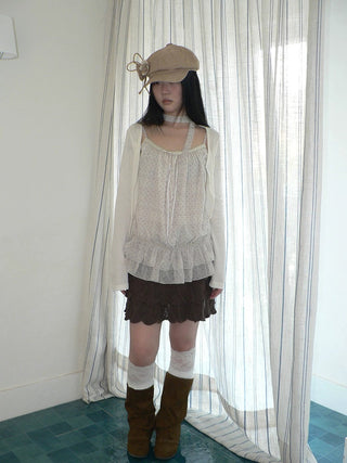 Two Piece Polka Dot Korean Long Sleeve Pullover Women Apricot Mint T-Shirt