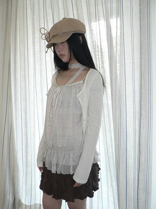 Two Piece Polka Dot Korean Long Sleeve Pullover Women Apricot Mint T-Shirt