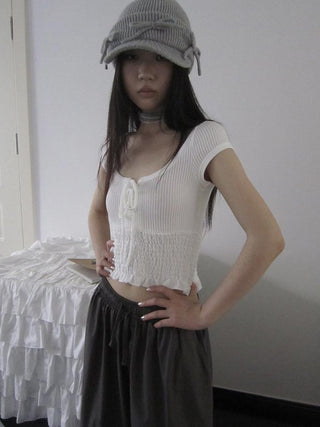 U Neck Tie Front Stretch Cotton Slim Fit Cropped Tee