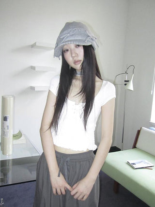 U Neck Tie Front Stretch Cotton Slim Fit Cropped Tee
