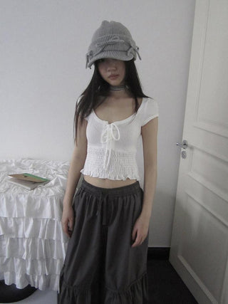 U Neck Tie Front Stretch Cotton Slim Fit Cropped Tee