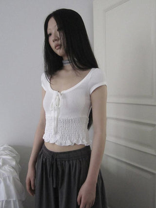 U Neck Tie Front Stretch Cotton Slim Fit Cropped Tee