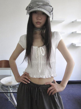 U Neck Tie Front Stretch Cotton Slim Fit Cropped Tee
