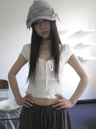 U Neck Tie Front Stretch Cotton Slim Fit Cropped Tee
