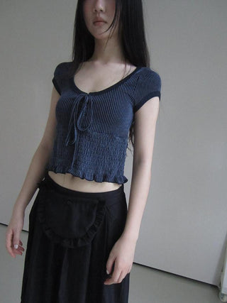 U Neck Tie Front Stretch Cotton Slim Fit Cropped Tee