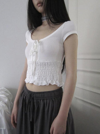 U Neck Tie Front Stretch Cotton Slim Fit Cropped Tee