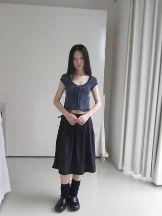 U Neck Tie Front Stretch Cotton Slim Fit Cropped Tee