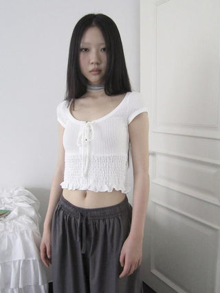 U Neck Tie Front Stretch Cotton Slim Fit Cropped Tee