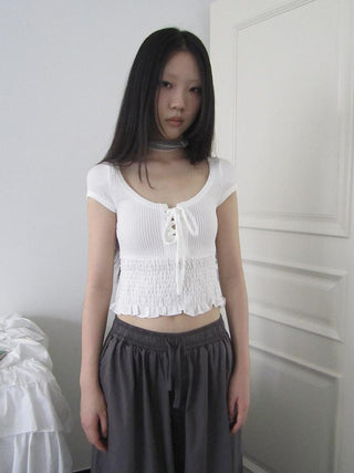 U Neck Tie Front Stretch Cotton Slim Fit Cropped Tee