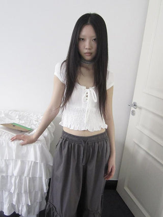 U Neck Tie Front Stretch Cotton Slim Fit Cropped Tee