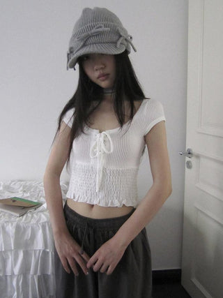 U Neck Tie Front Stretch Cotton Slim Fit Cropped Tee