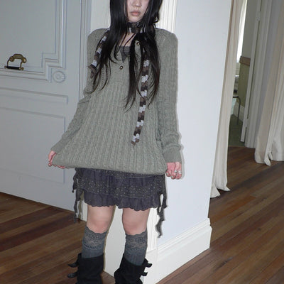 V-Neck Button-Detail Loose Fit Crochet Knit Sweater Sweater