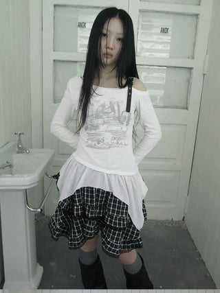 Vintage Asymmetric Hem Print Long Sleeve Tee T-shirt