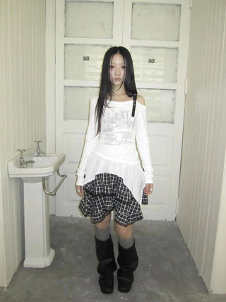 Vintage Asymmetric Hem Print Long Sleeve Tee T-shirt