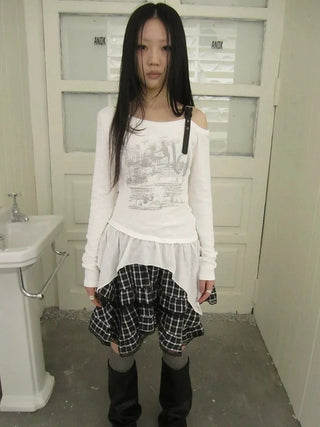 Vintage Asymmetric Hem Print Long Sleeve Tee T-shirt