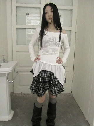 Vintage Asymmetric Hem Print Long Sleeve Tee T-shirt