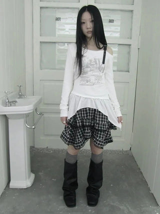 Vintage Asymmetric Hem Print Long Sleeve Tee T-shirt