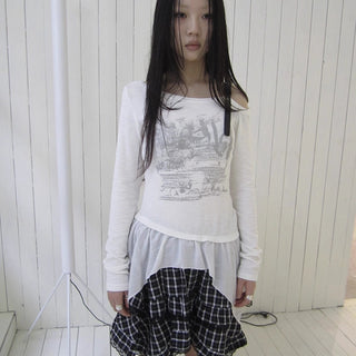 Vintage Asymmetric Hem Print Long Sleeve Tee T-shirt