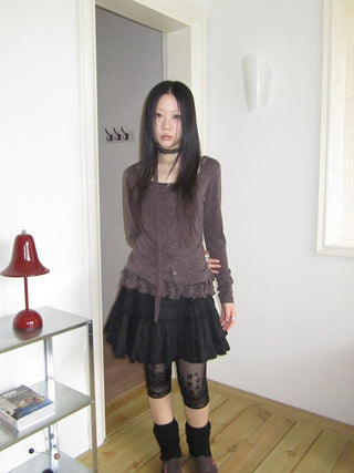 Vintage Black Lace Trim A Line Skirt With Elastic Waist