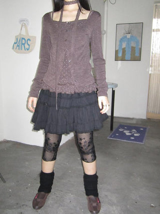 Vintage Black Lace Trim A Line Skirt With Elastic Waist