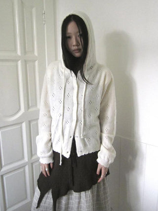 Vintage Button Down Openwork Hooded Knit Cardigan