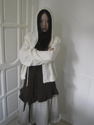 Vintage Button Down Openwork Hooded Knit Cardigan