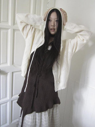 Vintage Button Down Openwork Hooded Knit Cardigan