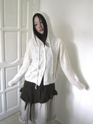 Vintage Button Down Openwork Hooded Knit Cardigan