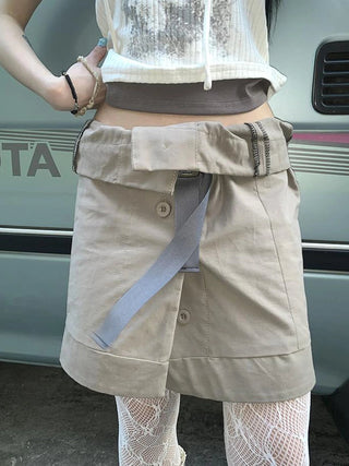 Vintage Button Tie High Waist Flowy Denim Short Skirt