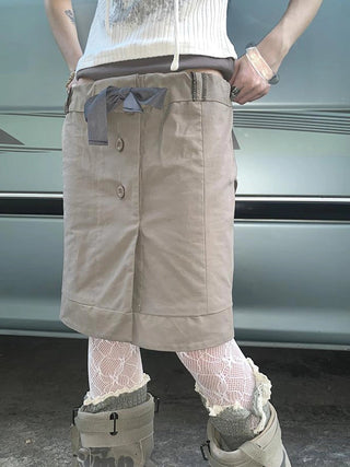 Vintage Button Tie High Waist Flowy Denim Short Skirt