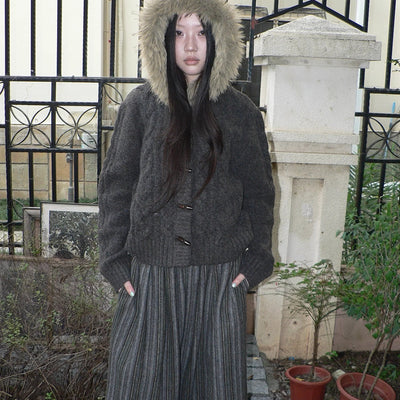 Vintage Cable Knit Hooded Cardigan With Fur Trim And Toggle Buttons Sweater