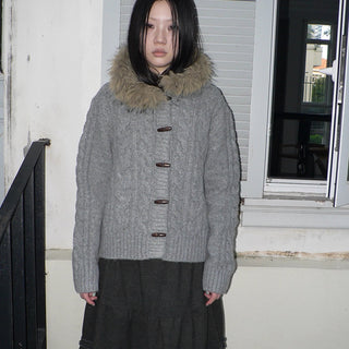 Vintage Cable Knit Hooded Cardigan With Fur Trim And Toggle Buttons Sweater