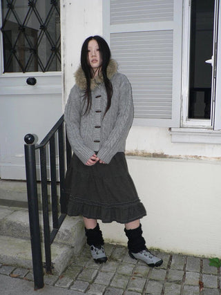 Vintage Cable Knit Hooded Cardigan With Fur Trim And Toggle Buttons Sweater
