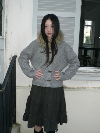 Vintage Cable Knit Hooded Cardigan With Fur Trim And Toggle Buttons Sweater