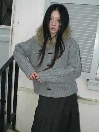Vintage Cable Knit Hooded Cardigan With Fur Trim And Toggle Buttons Sweater