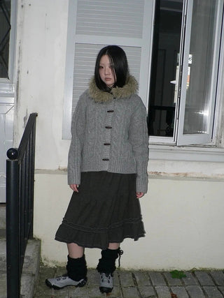 Vintage Cable Knit Hooded Cardigan With Fur Trim And Toggle Buttons Sweater