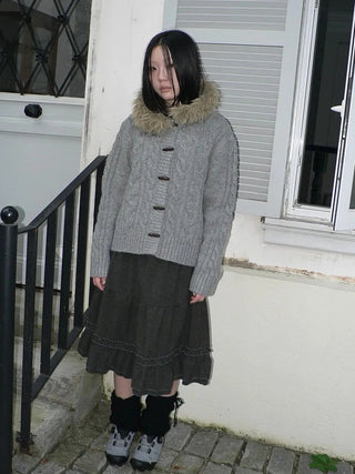 Vintage Cable Knit Hooded Cardigan With Fur Trim And Toggle Buttons Sweater