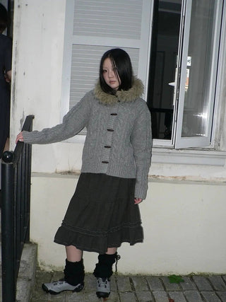 Vintage Cable Knit Hooded Cardigan With Fur Trim And Toggle Buttons Sweater