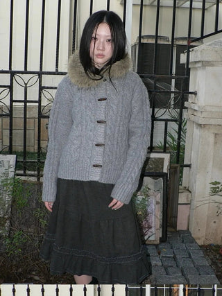 Vintage Cable Knit Hooded Cardigan With Fur Trim And Toggle Buttons Sweater