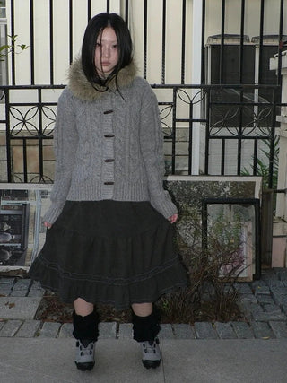 Vintage Cable Knit Hooded Cardigan With Fur Trim And Toggle Buttons Sweater