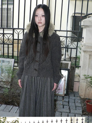 Vintage Cable Knit Hooded Cardigan With Fur Trim And Toggle Buttons Sweater