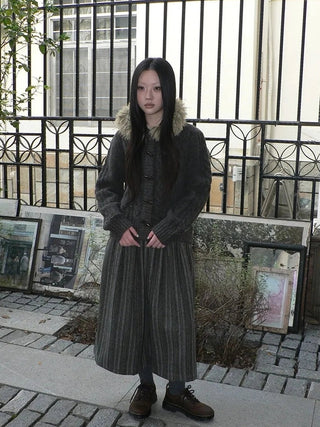 Vintage Cable Knit Hooded Cardigan With Fur Trim And Toggle Buttons Sweater
