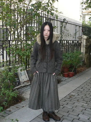 Vintage Cable Knit Hooded Cardigan With Fur Trim And Toggle Buttons Sweater